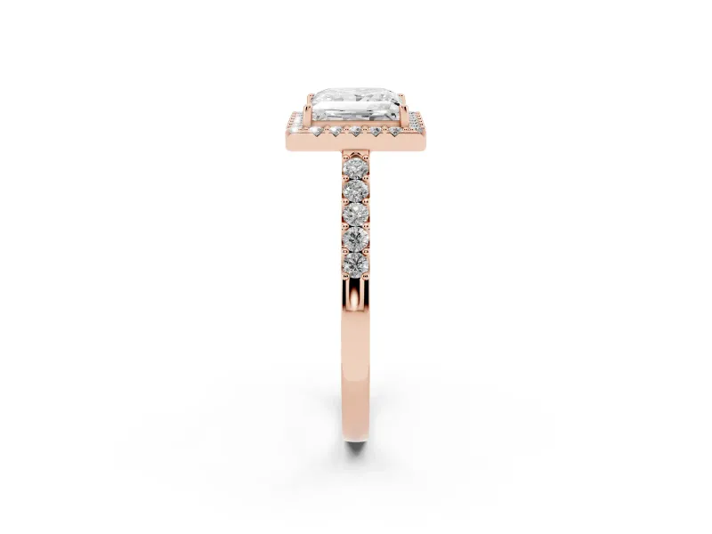 Princess Cut Diamond Halo Pavé Solitaire Ring Set in Rose gold with Prong-Set Center Stone