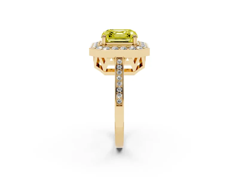 Asscher Cut Halo Engagement Ring Setting for a Fancy Yellow Lab-Grown Diamond | Polished Halo Rim | Yellow Gold