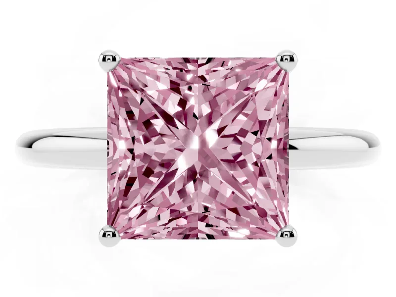Fancy Pink Princess Cut Diamond Solitaire Engagement Ring Set in Platinum with Prong Setting and Polished Band