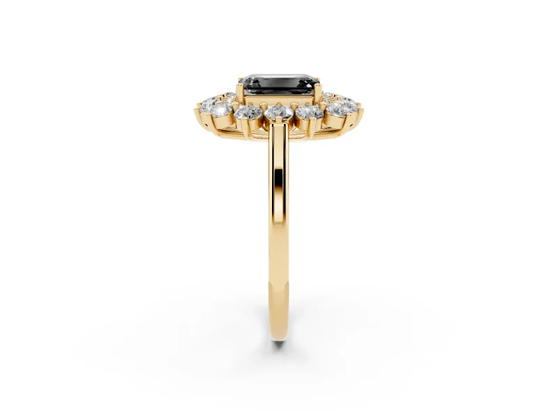 Emerald Cut Floral Double Halo Engagement Ring Setting for a Black Center | Plain Band | Yellow Gold