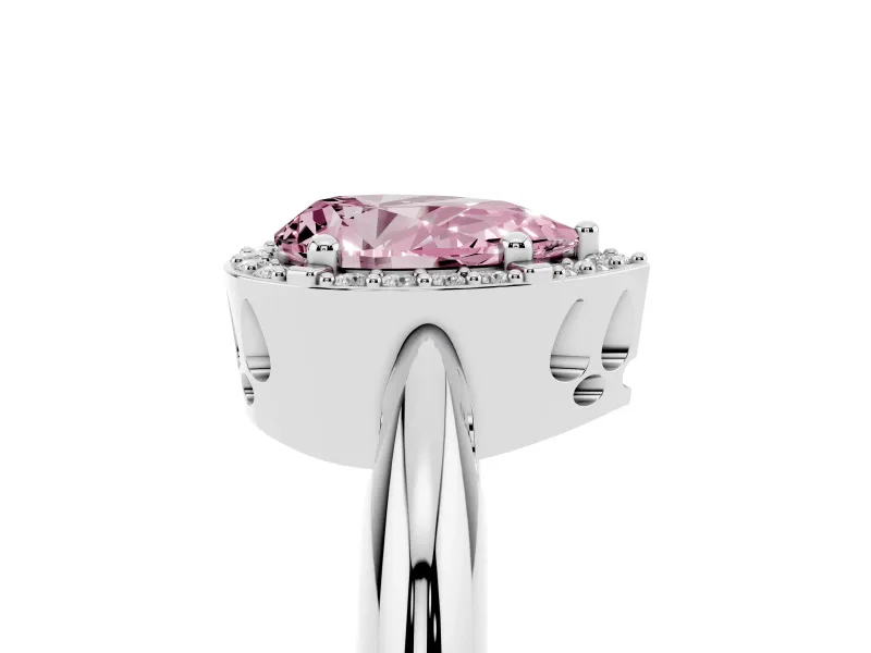 Fancy Pink Pear Cut Diamond Halo Engagement Ring Set in White gold with Plain Split Shank and Prong Setting