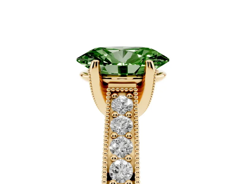 Oval Vintage Hidden Halo Engagement Ring Setting for a Fancy Green Lab-Grown Diamond | Milgrain Pave Band | Yellow Gold
