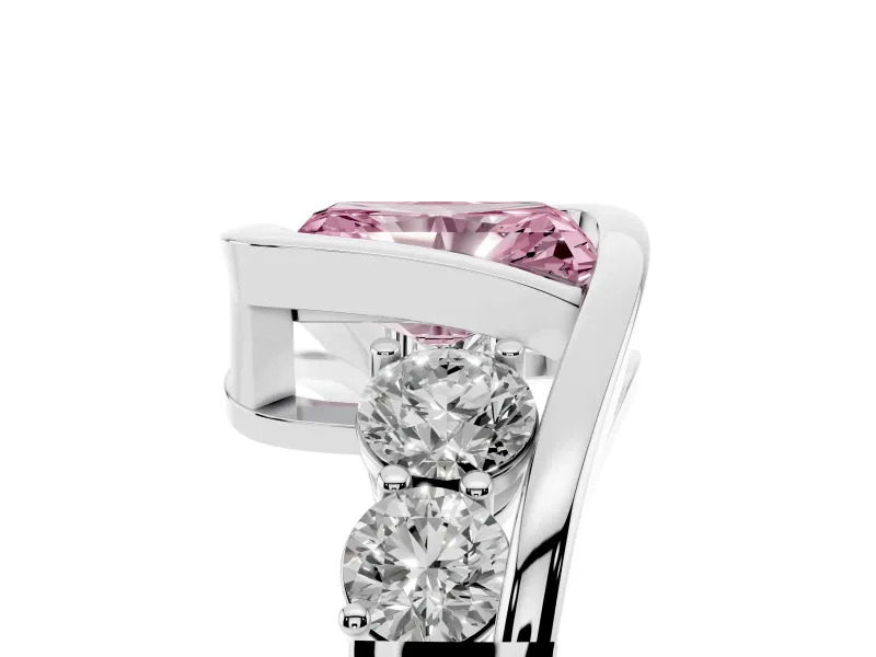 Fancy Pink Radiant Cut Diamond Bezel Bypass Ring Set in White gold with Round Accents