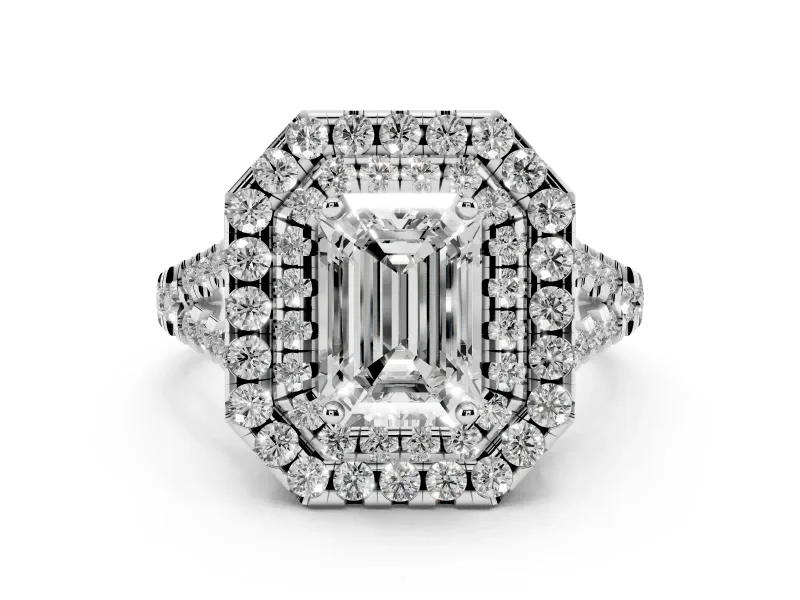 Emerald Cut Diamond Double Halo Ring Set in Platinum with Pavé Split Shank and Prong Setting