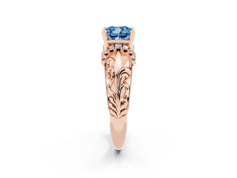 Cushion Cut Filigree Engagement Ring Setting for a Fancy Blue Lab-Grown Diamond | Rose Gold