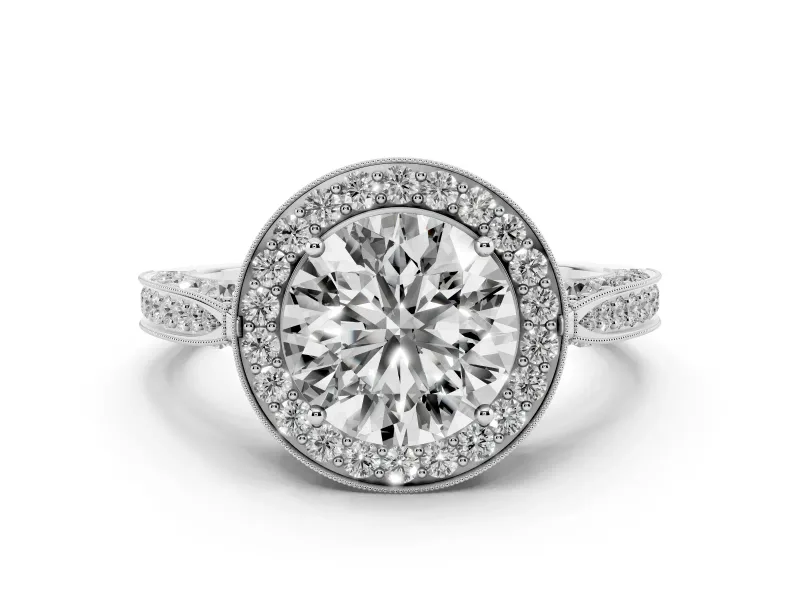 Round Cut Diamond Halo Engagement Ring Set in White gold with Accent Split Shank Band