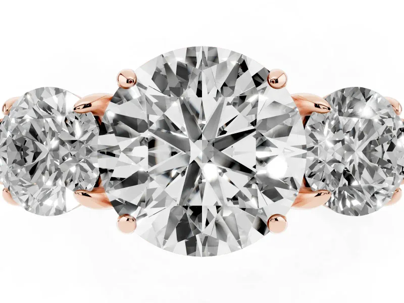 Round Three Stone Engagement Ring Setting | Round Side Stones and Open Baskets | Rose Gold