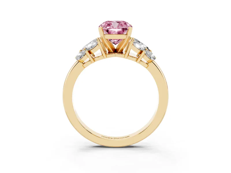 Fancy Pink Cushion Cut Diamond Cluster Leaf Design Ring Set in Yellow gold with Prong Setting