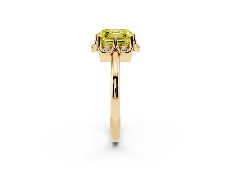 Fancy Yellow Asscher Cut Diamond Round Cluster Halo Ring Set in Yellow gold with Solitaire Band and Prong Setting