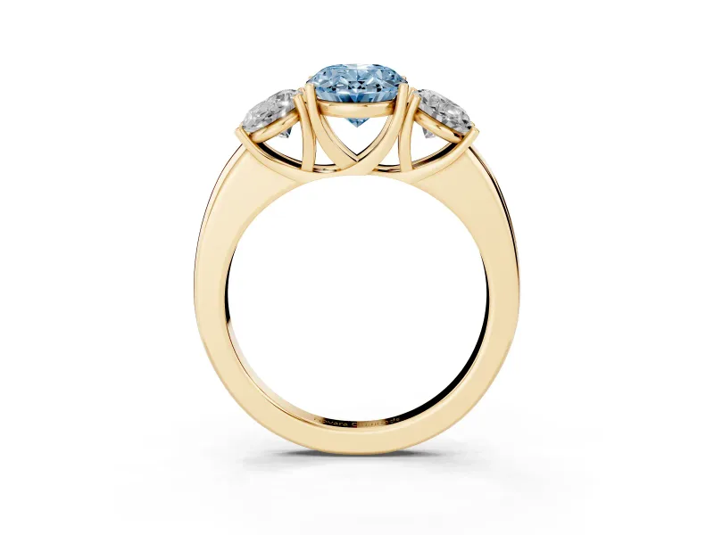 Fancy Blue Oval Cut Diamond Three-Stone Ring Set in Yellow gold with Bold Center and Classic Band