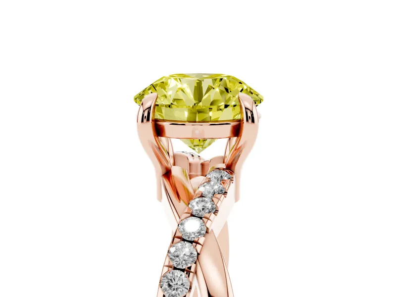 Fancy Yellow Round Cut Diamond Twist Band Solitaire Set in Rose gold with Pavé Accents and Prong Setting
