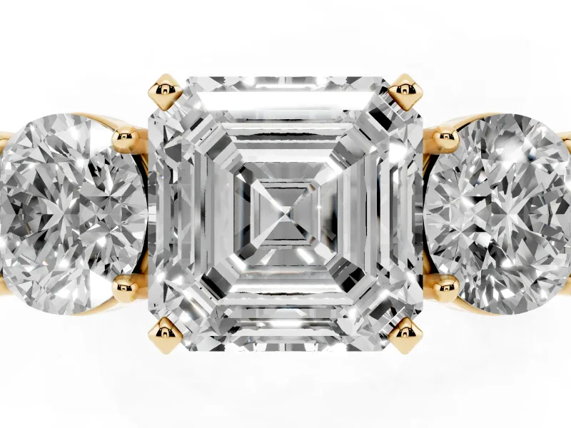 Asscher Cut Three Stone Engagement Ring Setting | Wide Plain Band | Yellow Gold