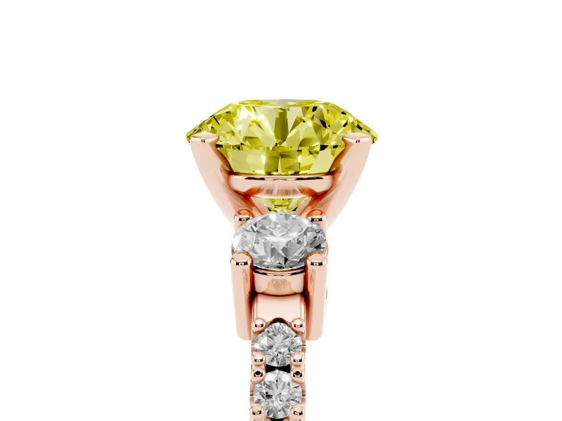 Fancy Yellow Three-Stone Round Cut Diamond Pavé Band Ring Set in Rose gold with Prong Setting