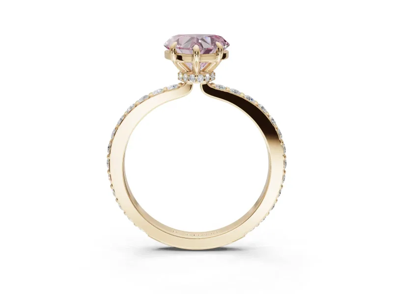 Heart-Shaped Hidden Halo Engagement Ring Setting for a Fancy Pink Lab-Grown Diamond | Pavé Band | Yellow Gold