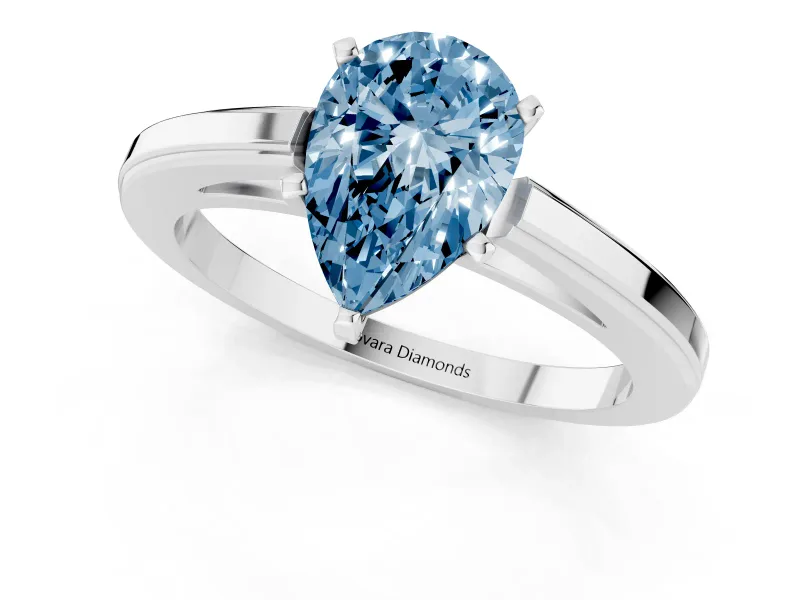 Fancy Blue Pear Cut Diamond Solitaire Ring Set in Platinum with Prong Setting and Classic Band