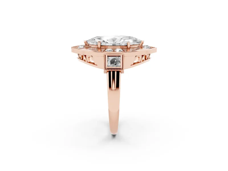 Marquise Milgrain Sectioned Halo Engagement Ring Setting | Square-Framed Sides | Rose Gold
