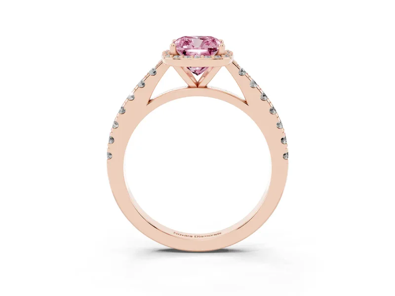 Fancy Pink Cushion Cut Diamond Halo Engagement Ring Set in Rose gold with Pavé Band and Prong Setting