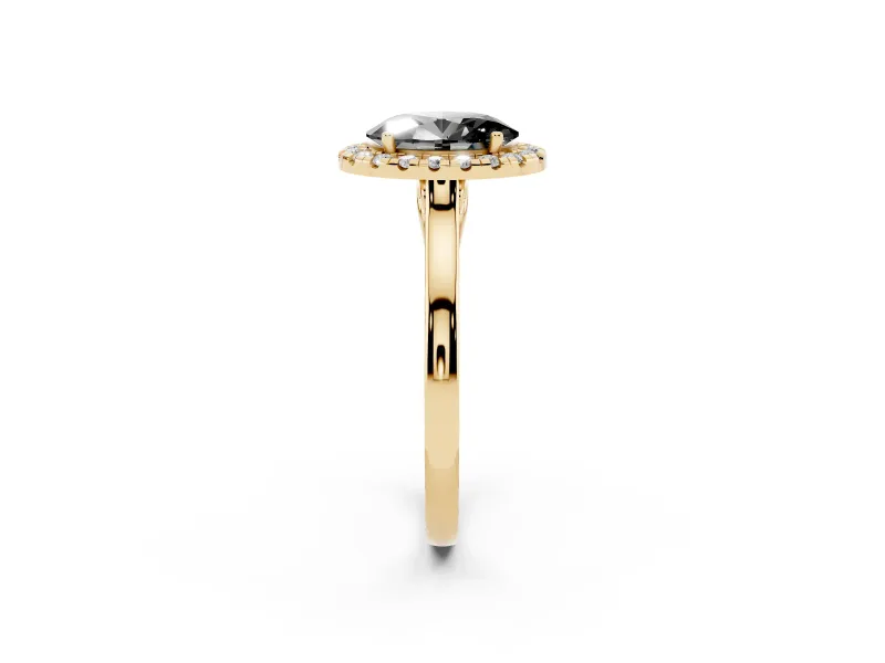 Fancy Black Oval Cut Halo Round Diamond Solitaire Ring Set in Yellow gold with Pavé Band and Prong Setting