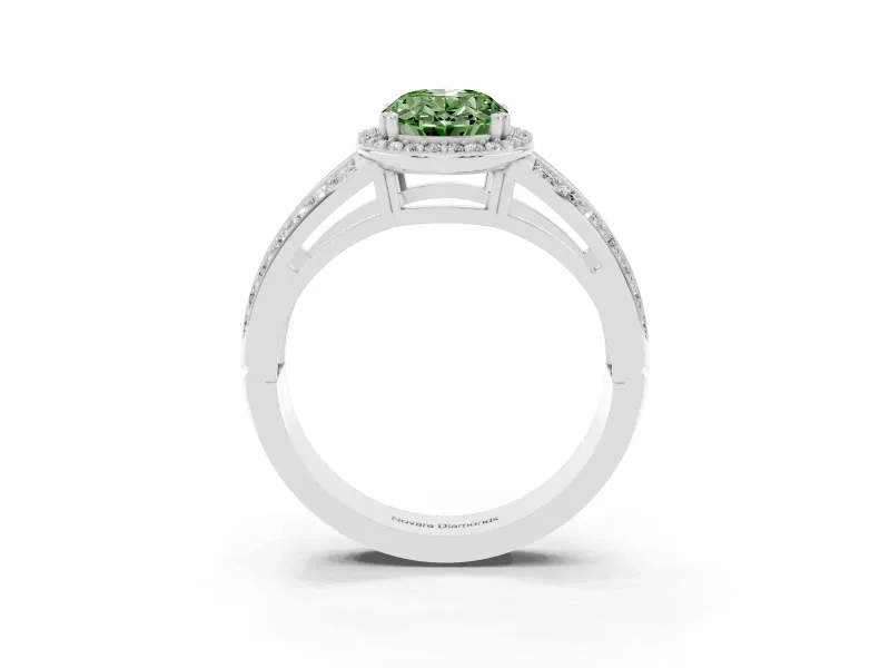 Fancy Green Oval Cut Diamond Halo Ring Set in Silver with Double Pavé Split Shank