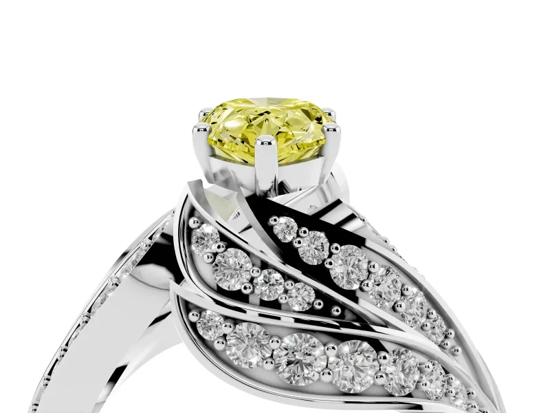 Fancy Yellow Pear Cut Diamond Solitaire Ring Set in White gold with Layered Twist Pavé Band