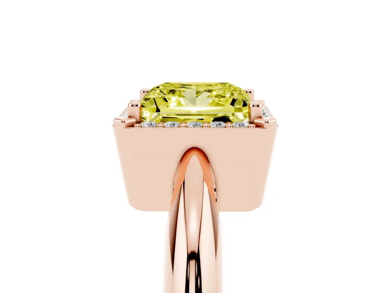 Fancy Yellow Princess Cut Diamond Halo Engagement Ring Set in Rose gold with Plain Split Shank and Prong Setting