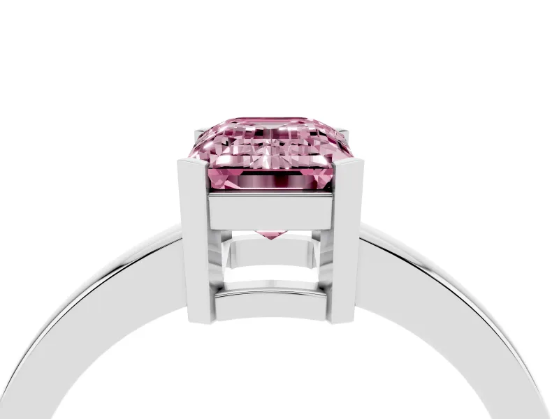 Fancy Pink Emerald Cut Diamond Solitaire Ring Set in White gold with Prong Head and Smooth Polished Band