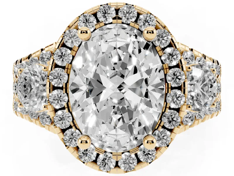 Oval Halo Split Shank Engagement Ring Setting | Round Side Stones | Yellow Gold