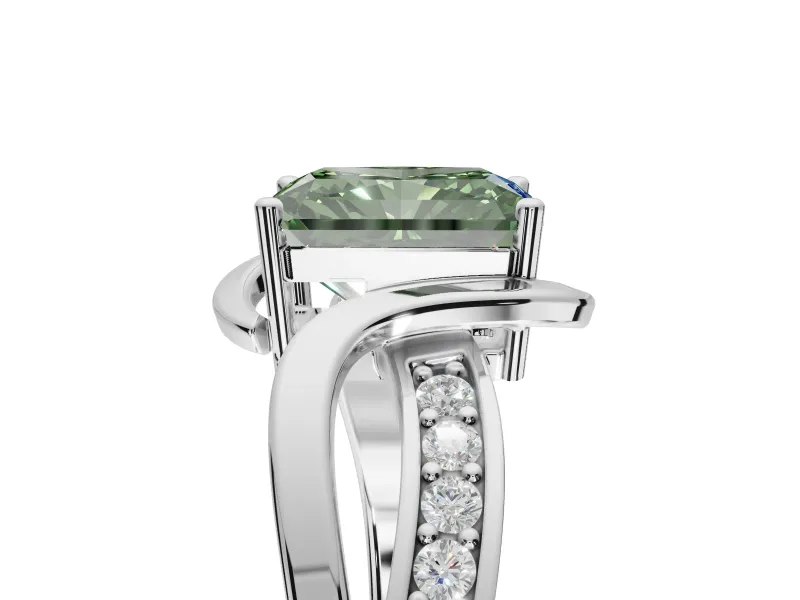 Radiant Cut Bypass Solitaire Engagement Ring Setting for a Fancy Green Lab-Grown Diamond | Pavé Strands | White Gold