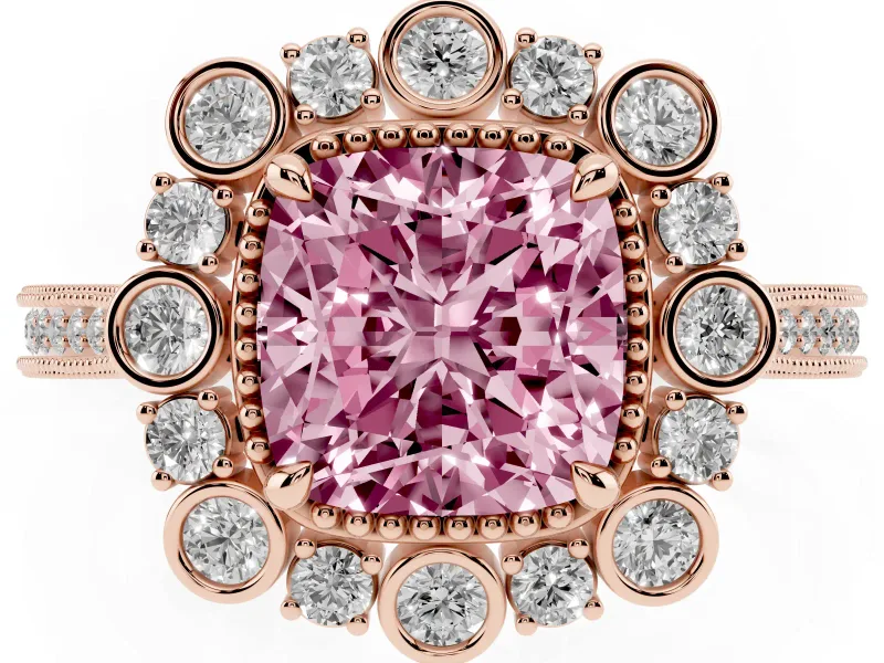 Cushion Cut Scalloped Halo Engagement Ring Setting for a Fancy Pink Lab-Grown Diamond | Milgrain Edges | Rose Gold