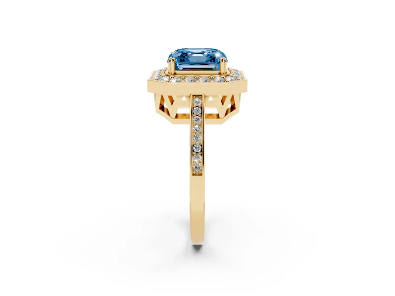Asscher Cut Halo Engagement Ring Setting for a Fancy Blue Lab-Grown Diamond | Polished Halo Rim | Yellow Gold