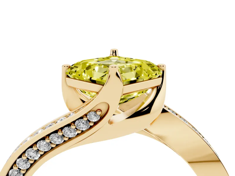 Fancy Yellow Asscher Cut Diamond Solitaire Ring Set in Yellow gold with Intertwined Pavé Twist Band