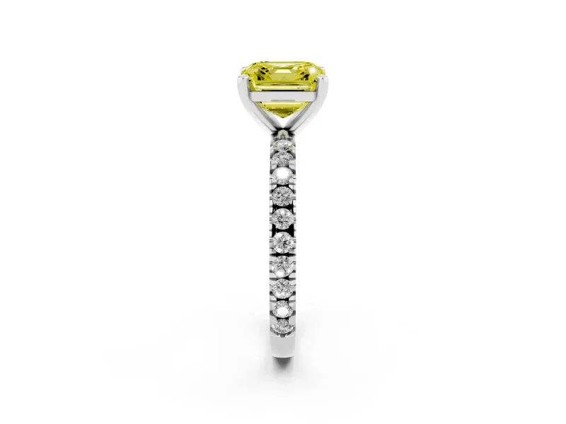 Fancy Yellow Asscher Cut Diamond Pavé Band Solitaire Set in White gold with Prong Setting