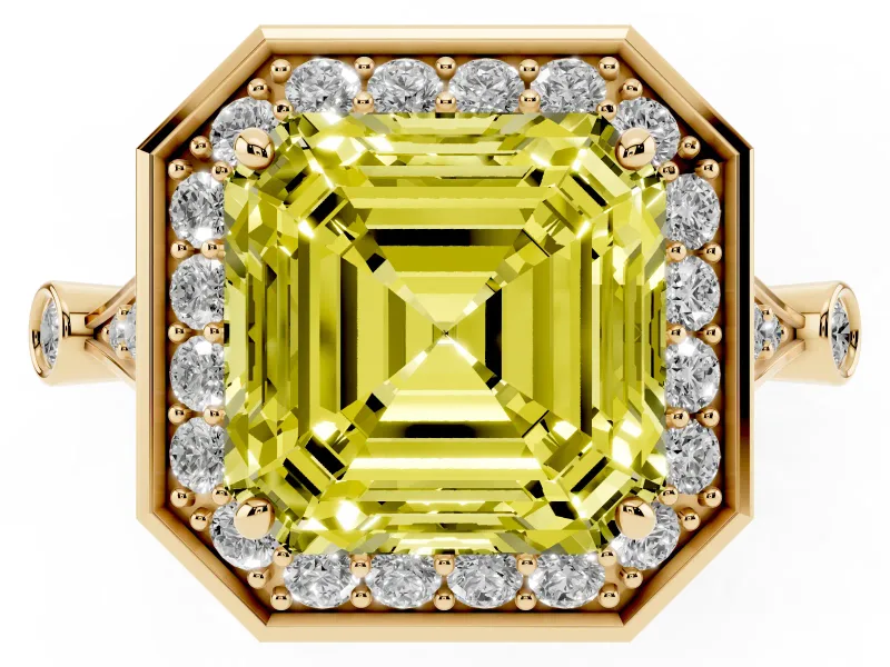 Asscher Cut Halo Engagement Ring Setting for a Fancy Yellow Lab-Grown Diamond | Bezel Station Shoulders | Yellow Gold