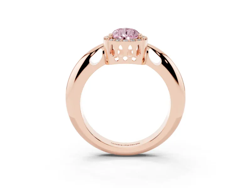 Fancy Pink Pear Cut Diamond Halo Engagement Ring Set in Rose gold with Plain Split Shank and Prong Setting