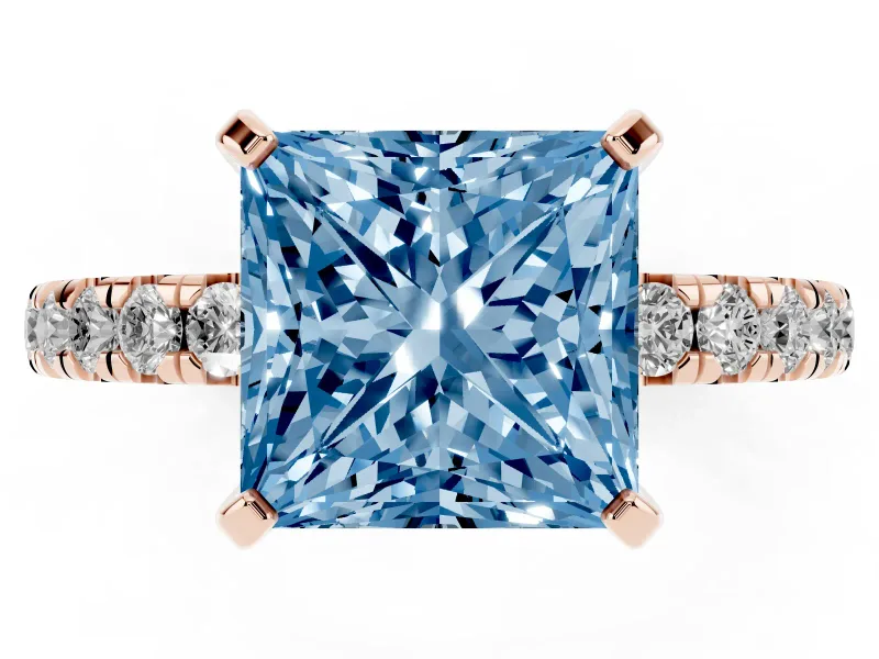 Princess Cut Pavé Solitaire Engagement Ring Setting for a Fancy Blue Lab-Grown Diamond | Shared Prong Band | Rose Gold