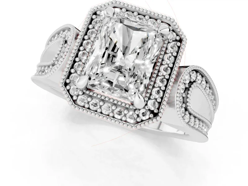 Radiant Cut Vintage Milgrain Halo Engagement Ring Setting | Open Loop Pave Shoulders | Platinum