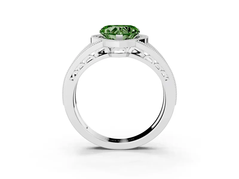 Fancy Green Heart Cut Diamond Halo Ring Set in White gold with Accent Split Shank and Prong Setting