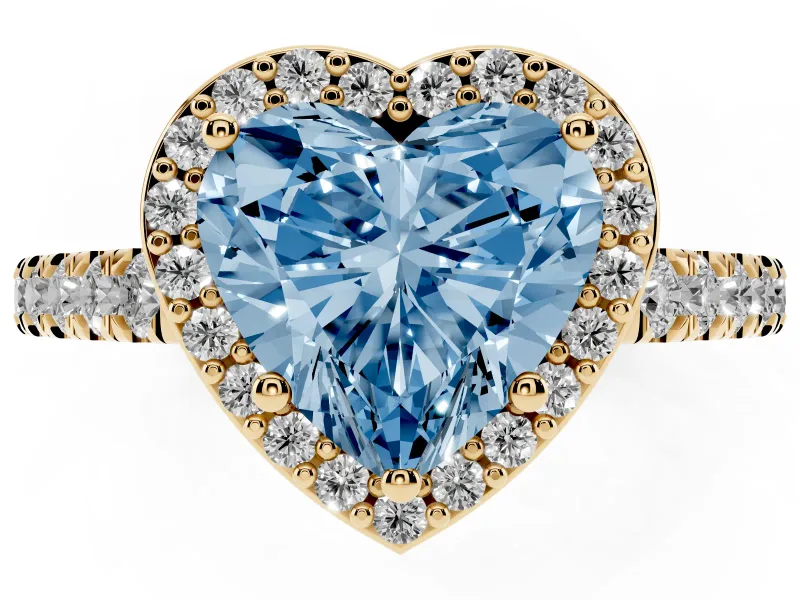 Fancy Blue Heart Cut Diamond Halo Engagement Ring Set in Yellow gold with Pavé Band and Prong Setting