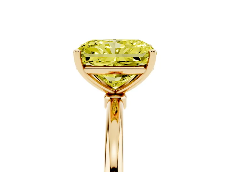 Fancy Yellow Radiant Cut Diamond Solitaire Engagement Ring Set in Yellow gold with Thin Band and Prong Setting