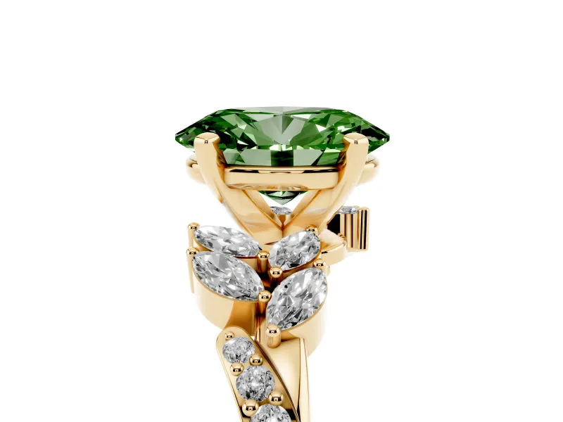 Fancy Green Oval Cut Diamond Solitaire Ring Set in Yellow gold with Marquise Twist Band and Prong Setting