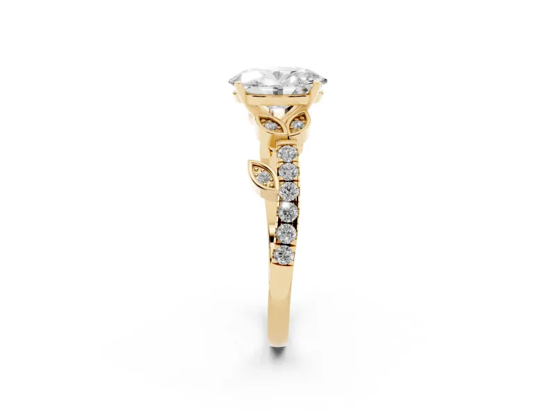 Oval Leaf Pavé Engagement Ring Setting | Leaf Motif Shoulders | Yellow Gold