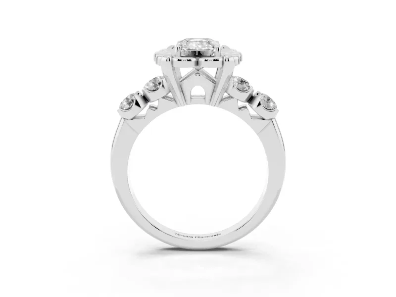 Emerald Cut Floral Engagement Ring Setting | Petal Frame and Side Stones | Platinum
