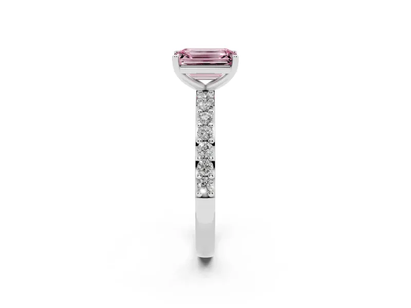 Fancy Pink Emerald Cut Diamond Solitaire Set in White gold with Round Pavé Band and Prong Setting