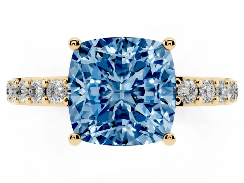 Cushion Cut Pavé Solitaire Engagement Ring Setting for a Fancy Blue Lab-Grown Diamond | Single Row Band | Yellow Gold