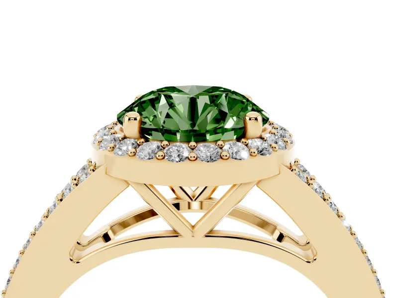 Round Halo Engagement Ring Setting for a Fancy Green Lab-Grown Diamond | Pave Split Shank | Yellow Gold