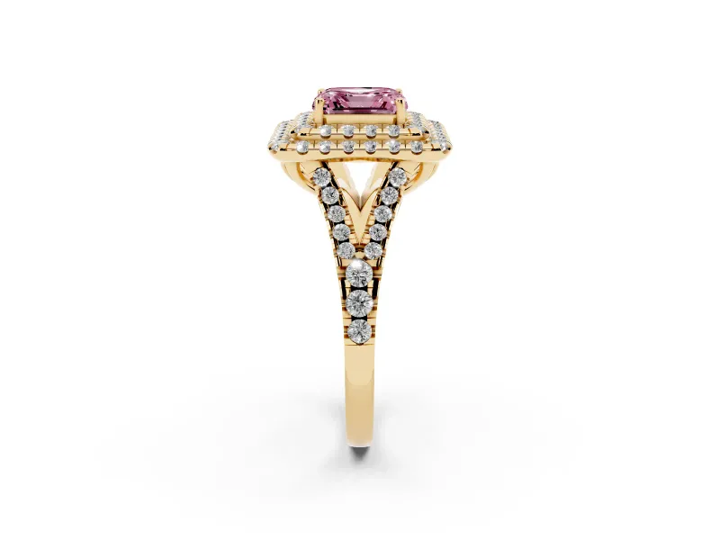 Asscher Cut Halo Split Shank Engagement Ring Setting for a Fancy Pink Lab-Grown Diamond | Pavé Strands | Yellow Gold