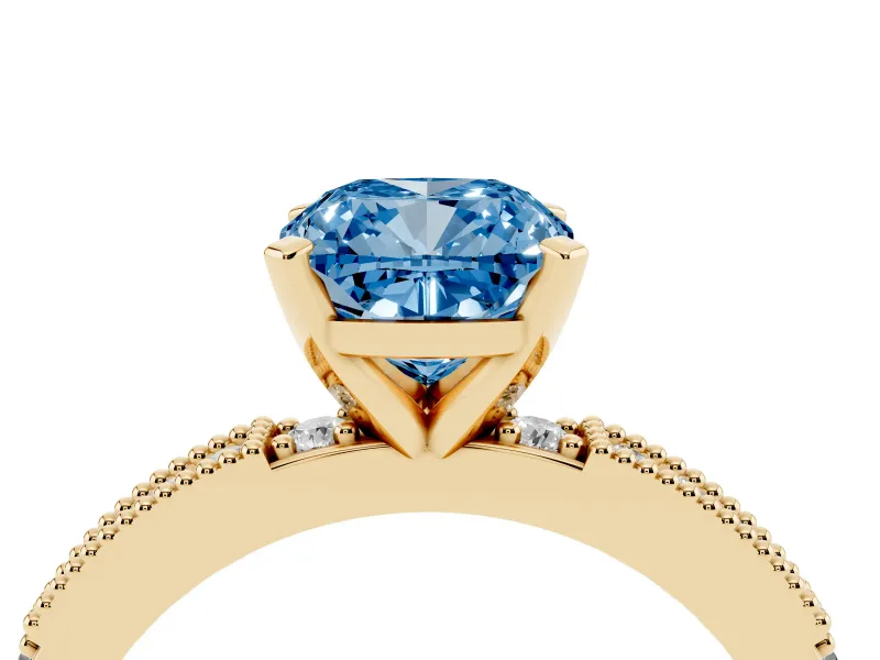 Cushion Cut Vintage Pavé Engagement Ring Setting for a Fancy Blue Lab-Grown Diamond | Yellow Gold