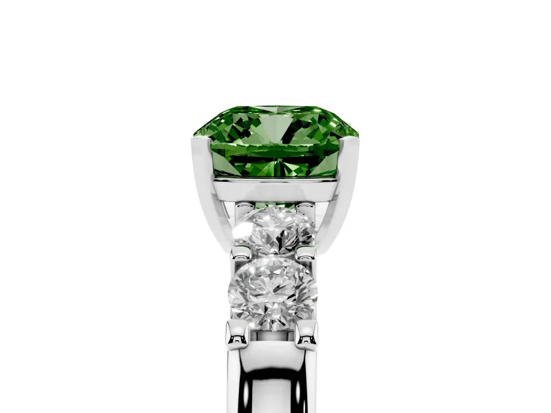 Fancy Green Cushion Cut Diamond Five-Stone Prong Set Engagement Ring Set in Silver with Channel Band