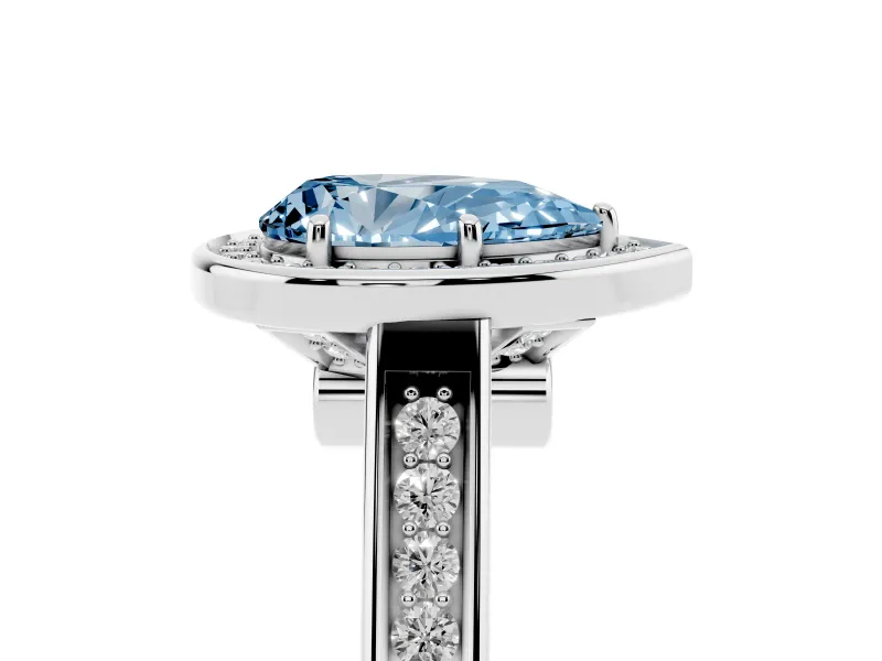 Fancy Blue Pear Cut Diamond Halo Solitaire Ring Set in White gold with Pavé Band and Bezel Setting