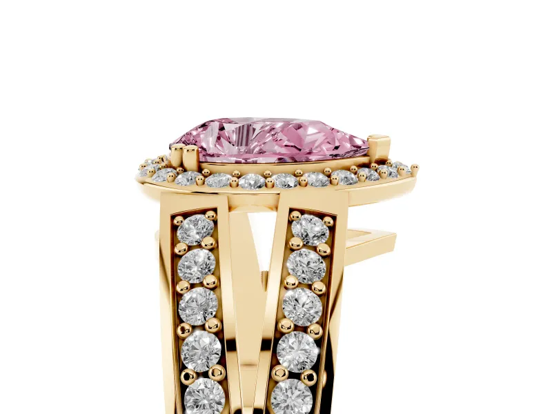 Pear-Shaped Halo Engagement Ring Setting for a Fancy Pink Lab-Grown Diamond | Two-Row Pave Split Shank | Yellow Gold